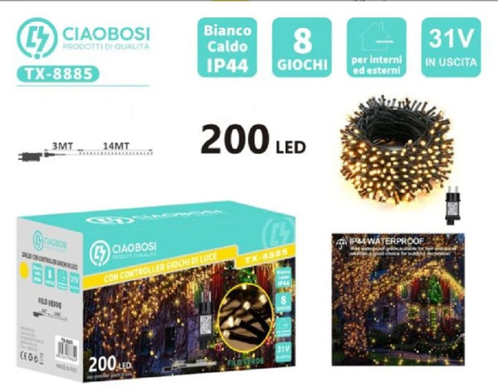Catena Natale 200 led luci bianco caldo cavo nero 17 m