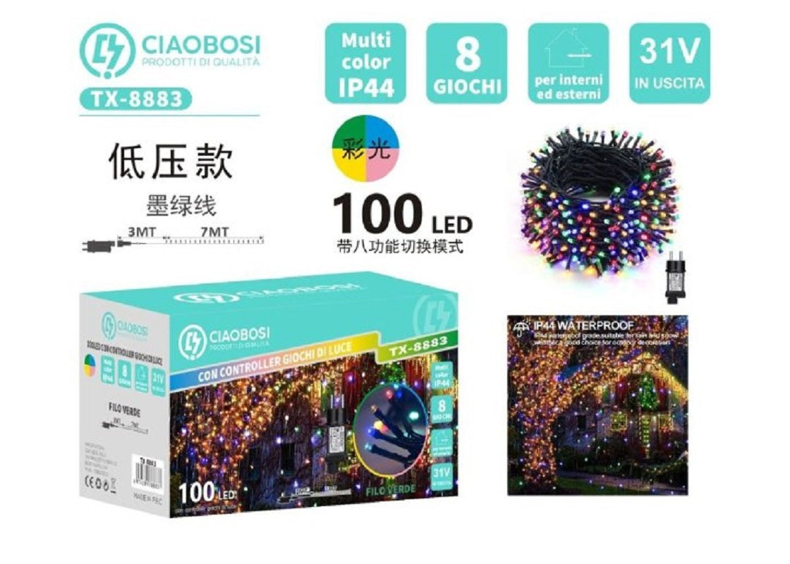 Catena Natale 100 led luci multicolor cavo nero 10 m