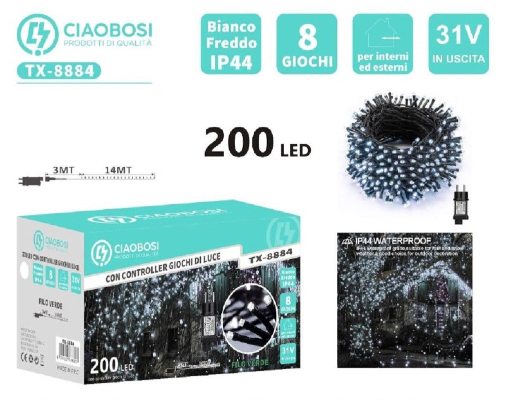 Catena Natale 200 led luci bianco freddo cavo nero 17 m