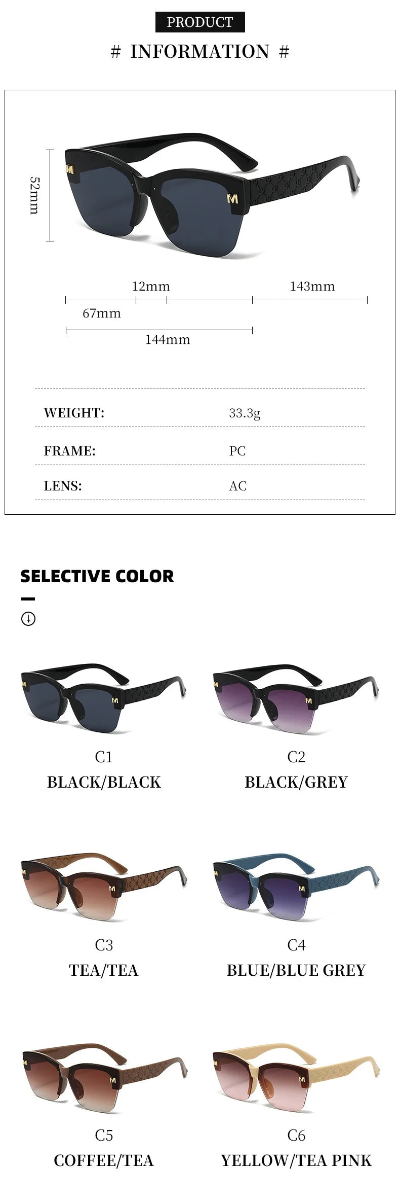 Occhiali da sole unisex di lusso semi-senza montatura