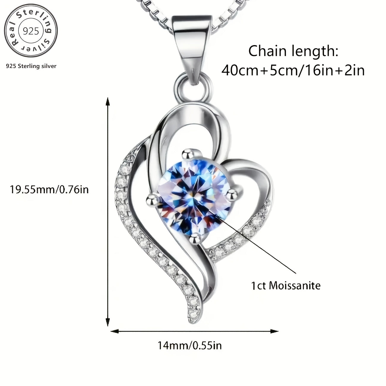 Elegante collana a forma di cuore con moissanite, argento 925