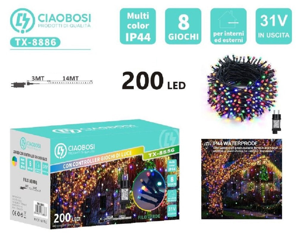 Catena Natale 200 led luci multicolor cavo nero 17 m