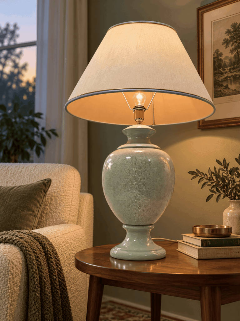 LAMPADA VINTAGE ANNI ’70’80 BASE CERAMICA VERDE PARALUME ECRU
