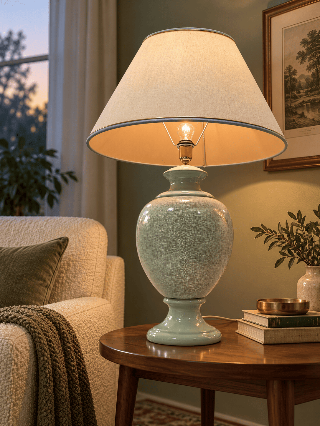 LAMPADA VINTAGE ANNI ’70’80 BASE CERAMICA VERDE PARALUME ECRU